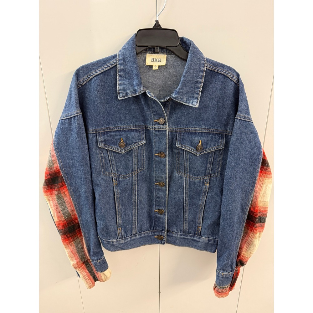 BKE Denim Jacket Small Blue Trucker Plaid Flannel Mixed Media Button Front S